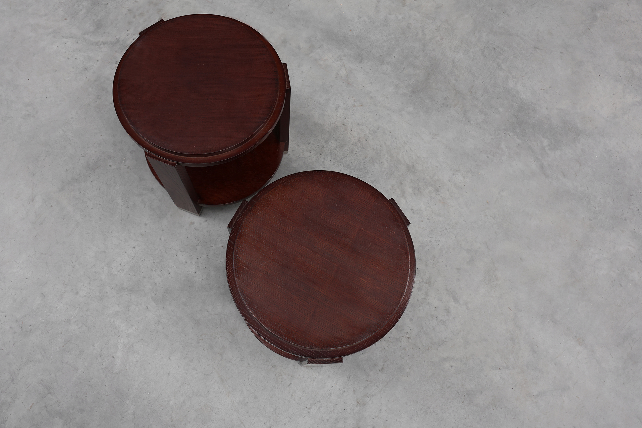 Pair of 2 round side tables in wood with metal, Belgium ca. 1980thumbnail